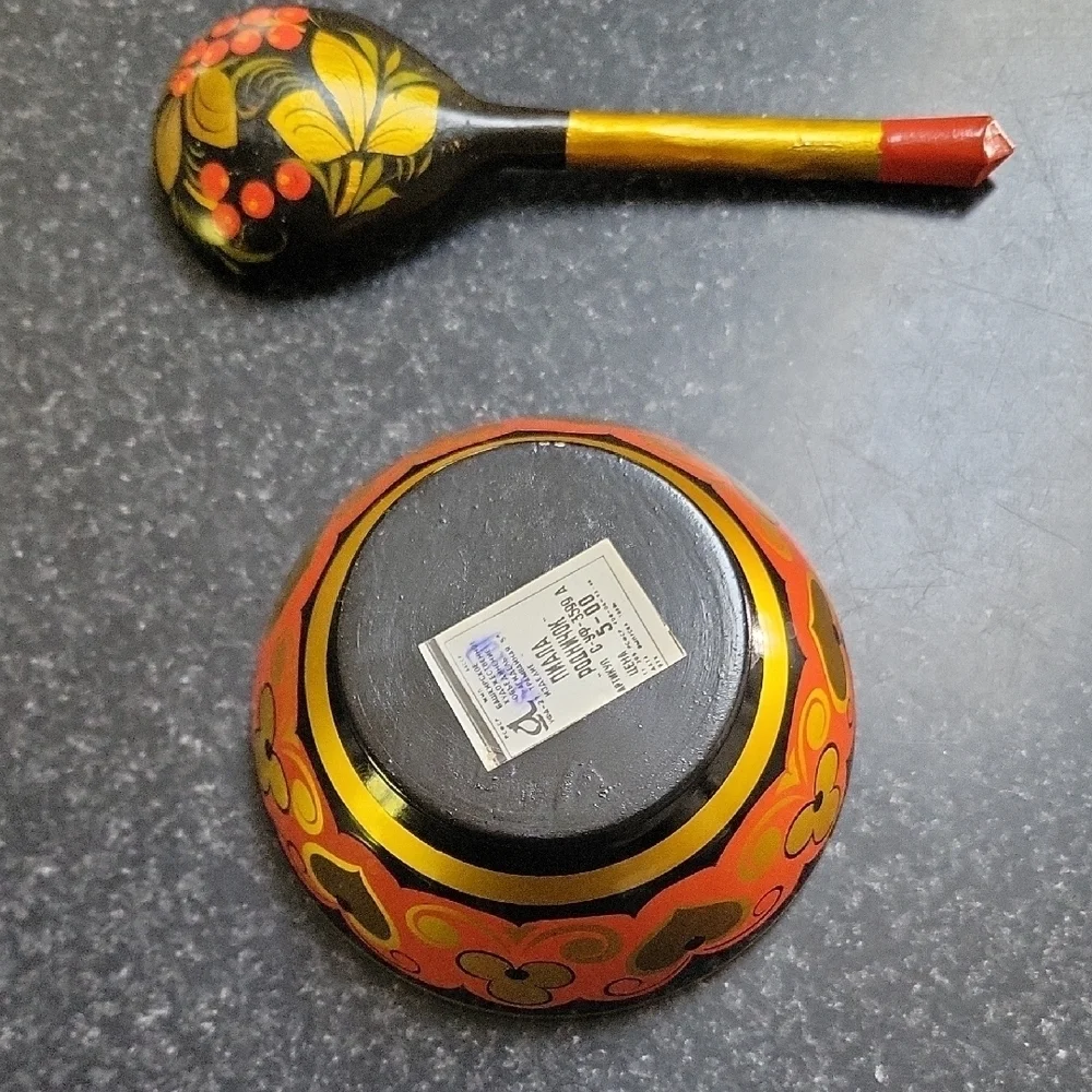 Russian Ukrainian Handcrafted Handpainted Yellow Black Flowers Bowl Spoon Wooden